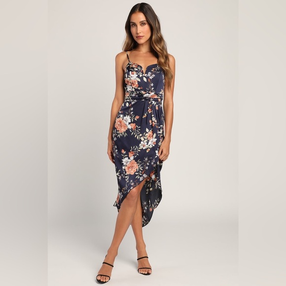 Lulus Dresses & Skirts - Lulus My Favorite Day Navy Blue Floral Print Tulip Skirt Midi Dress
